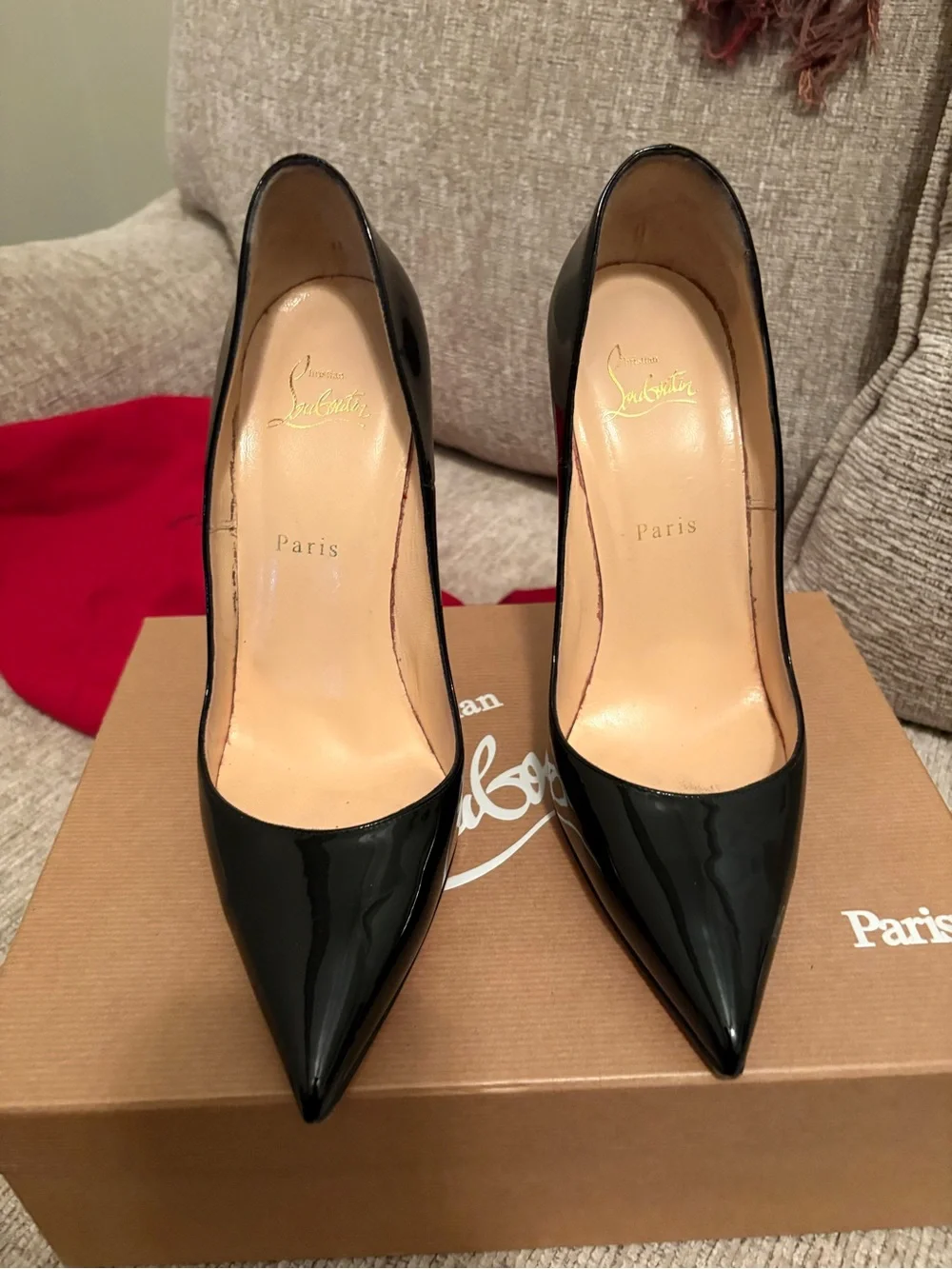 Christian Louboutin Black Patent Pointed-Toe Stilettos with Red Soles